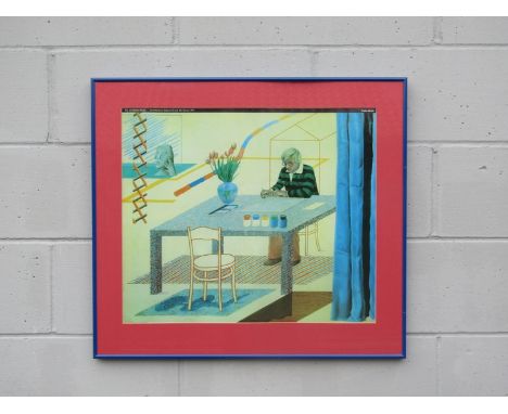A David Hockney scarce 1977 offset lithographic poster print "Self portrait with blue guitar" framed in period blue frame wit