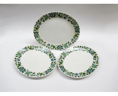 A Midwinter "April Flowers" pattern meat plate by Jessie Tait, 34.5cm x 28cm together with four matching steak plates 