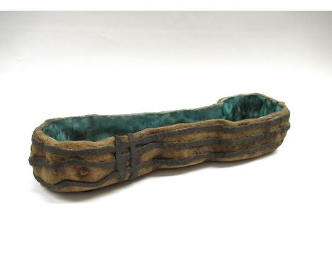 CLIVE BROOKER (1934-2005): A Studio textured planter with applied band detail, blue glazed interior. Impressed mark to base. 