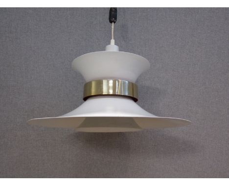 A Danish five tiered ceiling light in white with orange and brassed collar 