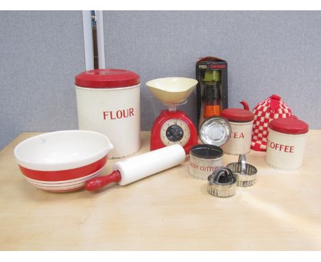 A collection of 1950's/60's kitchen wares including Salter scales, tin canisters, ceramic mixing bowl and rolling pin etc (9)