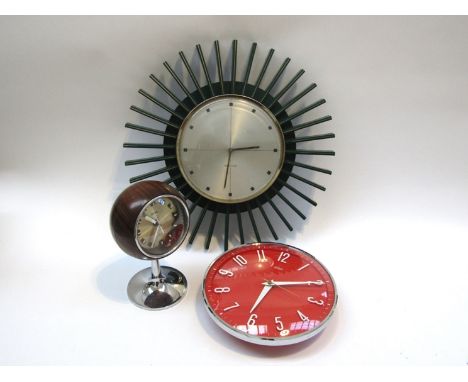 A 'Coral' pedestal clock together with Metamec and Westclox wall clocks