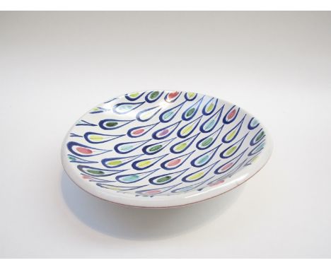Stig Lindberg for Gustavsburg - A ceramic dish, white glaze with painted tear and oval forms in various colours. Painted mark