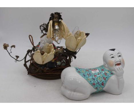 A Chinese porcelain figural table lamp, h.30cm (including fittings); together with a Chinese figure of a boy, w.26cm (2)