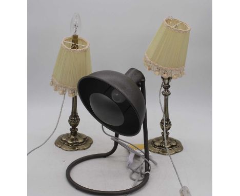 A pair of modern silvered table lamps; together with an industrial style table lamp