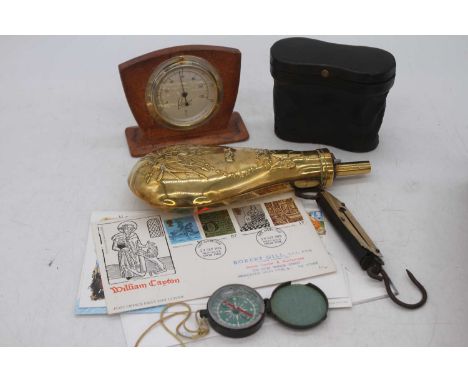 A 19th century American brass powder flask; together with Rototherm desk thermometer, vintage badges etc 