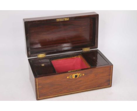 A 19th century rosewood twin compartment tea caddy, the lid having a mother of pearl and boxwood inlaid cartouche, w.30cm