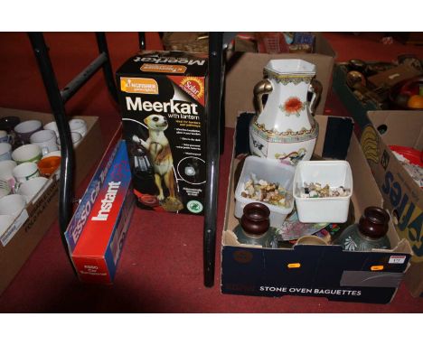 A collection of miscellaneous items, to include a pair of Lovatt's stoneware vases, a Meerkat garden lantern, and an ESSO die