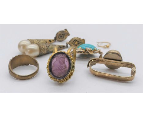 A circa 1900 yellow metal turquoise and seed pearl set brooch, together with yellow metal carved shell cameo set scarf clip, 