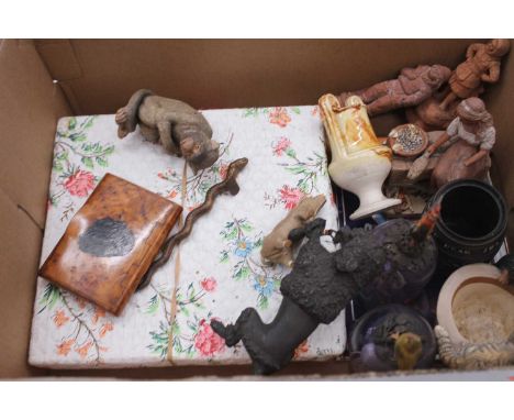 A collection of miscellaneous items to include a treen snuff-box, ceramic figures etc 