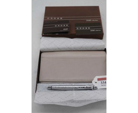 A Cross 1846 Collection Checkbook wallet, in frosty taupe leather, with rollerball pen in original box.