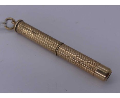 A modern 9ct gold propelling tooth pick, the cylindrical tube having bright cut engraved decoration, Birmingham assay sponsor