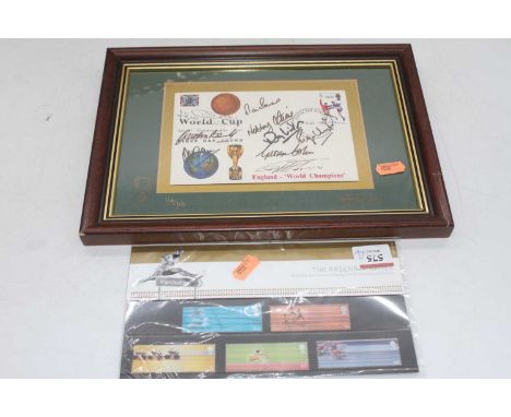 A limited edition signed and dated 1966 World Cup England World Champions first day cover, 116 of 150, framed; together with 