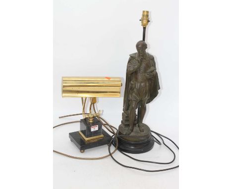 A modern metal table lamp in the form of William Shakespeare, h.26cm; together with a brass and polished hardstone desk lamp,