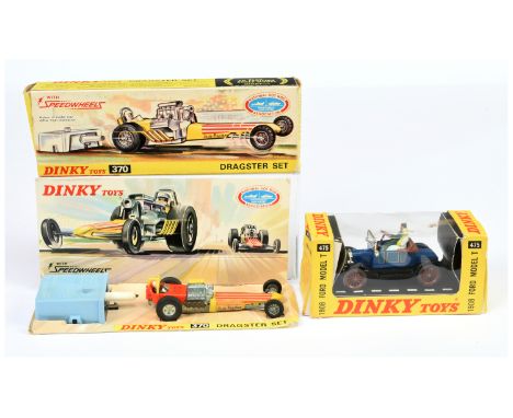 Dinky Toys 370 Dragster Set - Fluorescent and yellow Dragster with light blue launcher and 475 Ford Model T - Blue body - con