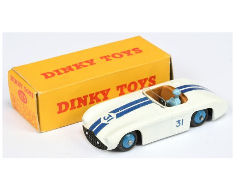Dinky Toys 133 Cunningham Racing Car - White body with blue stripes, tan interior with light blue figure driver, mid-blue rig