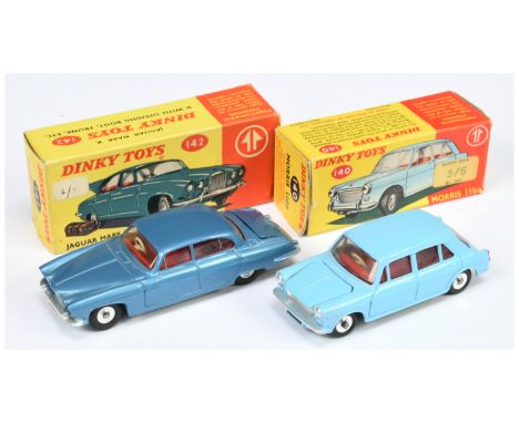 Dinky Toys 140 Morris 1100 - Light Blue body, red interior, silver trim, spun hubs and 142 Jaguar Mark X - Metallic blue, red