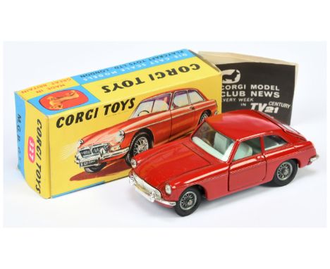 Corgi Toys 327 MGB GT Sports Car - Red body, pale blue interior and&nbsp; black luggage case, wire wheels, chrome trim - Exce