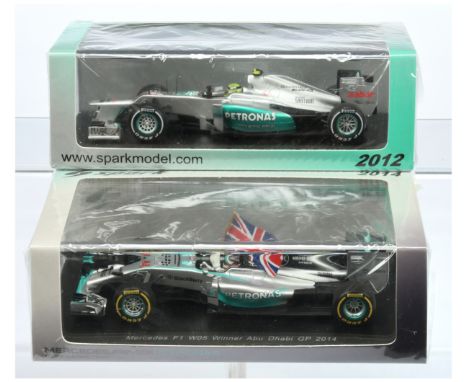 Spark Model (1/43rd) a pair (1) S3043 Mercedes AMG W03 "Chinese" GP 2012 and (2) S3142 Mercedes W05 "Abu Dhabi" GP 2014 - Min