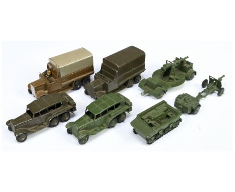 Dinky Toys Military group of 6 to include 151B Covered Wagon - Brown another drab olive green, 161B Anti-Aircraft Gun, 152 Li