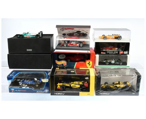 A group 9 (1/43rd) Racing Cars to include - Norev 518970 Renault R27, Solido Renault Mk20, Hot Wheels 22807 Ferrari F3000 Plu