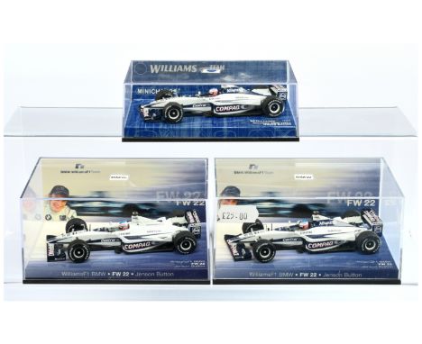 Minichamps (1/43rd) group of 3 "Williams" - (1) 430 000010 FW22 (2) FW22 "Button" and (3) same - Mint in Near Mint to Mint ri