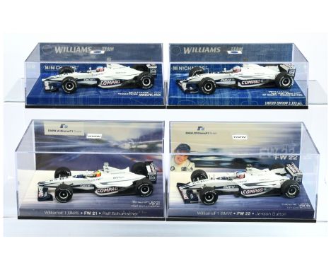 Minichamps (1/43rd) group of 4 "Williams" - (1) 420 017591 FW21 (2) 430 000030 FW22 (3) 430 000080 Show Car and (4) FW22 "But
