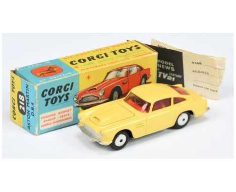 Corgi Toys 218 Aston Martin DB4 - yellow body with open vent, red interior, silver trim and flat spun hubs - Excellent (some 