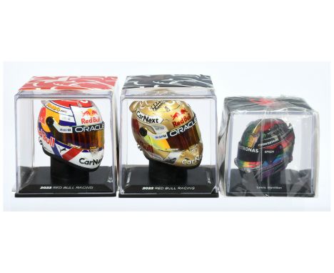 1/4th Scale "Max Verstappen" Helmets a pair (1) "Dutch" 2022 and (2) "World Champion" 2022 plus Spark 1/5th Scale "Hamilton" 