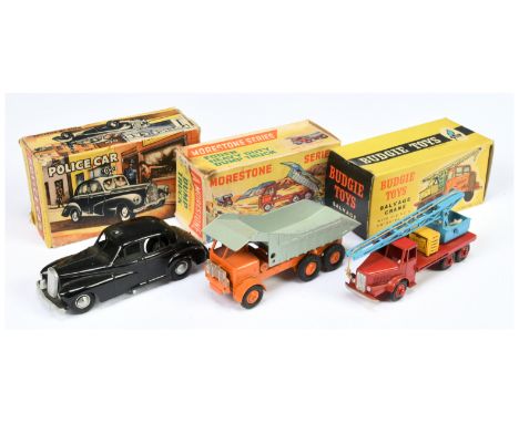 Morestone Dumper Truck - Orange cab, chassis and hubs, grey back; Budgie Toys - Salvage Crane - Red, yellow and blue plus "Po