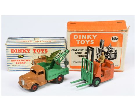 Dinky Toys 14C Coventry Climax Fork Lift Truck - Burnt orange, green including rigid hubs, light tan figure driver and 25X Co