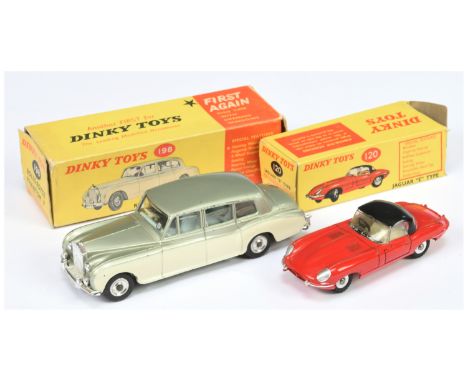 Dinky Toys 120 Jaguar Type-E - Red body, black detachable hood, silver trim, spun hubs and 198 Rolls Royce Phantom V - Two-To