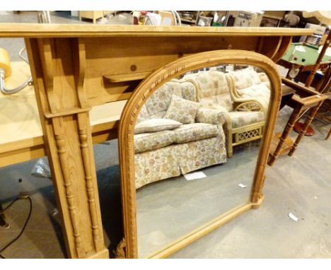 PINE FIRE SURROUND WITH MIRROR. Pine fire surround with large matching over mantle mirror.