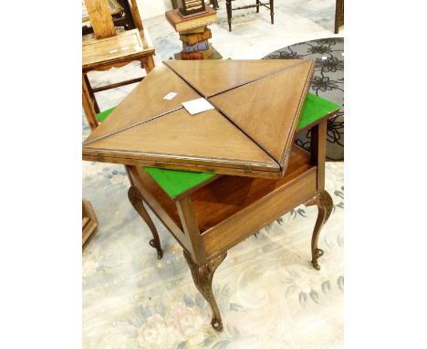 ENVELOPE CARD TABLE. Envelope card table with drawer and shelf on cabriole supports CONDITION REPORT: The item appears in goo