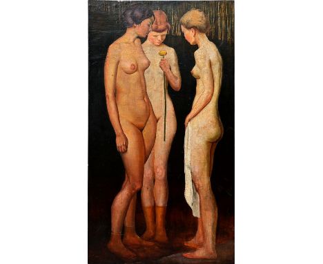 Unbekannt, norddt. Maler, um 1900/ 1930Badende (drei weibliche Akte), Öl bzw. Tempera auf Holz, verso männliche Rückenstudie 
