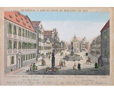 Ansicht von Augsburg: Ulrichsplatz mit Hans-Felber-Brunnen, um 1780.Guckkastenblatt, gestochen von B. F. Leizel nach Carl Rem