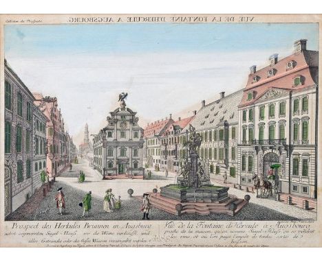 Ansicht von Augsburg: Weinmarkt mit Siegelhaus, Herkulesbrunnen und Schaezlerpalais, ca.1750-80 Guckkastenblatt, gestochen vo