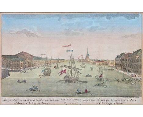 Ansicht von St. Petersburg: Blick auf die Akademie der Wissenschaften mit der von Schiffenbelebten Newa, im Hintergrund die P