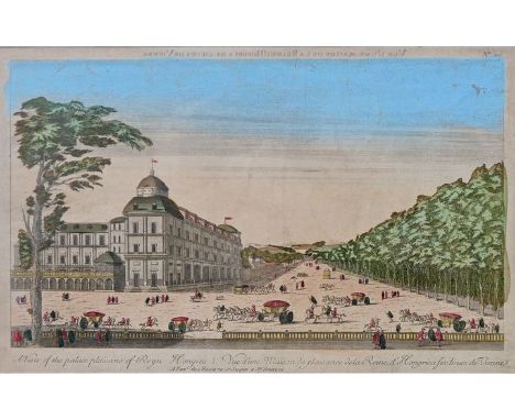 Aranjuez (Spanien): Ansicht des Palacio Real bei Madrid, ca. 1770Guckkastenblatt. Kupferstich auf Bütten, altkol., im Schrift