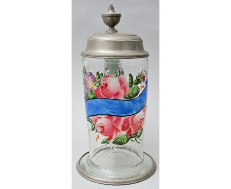 Hochzeitskrug, Sachsen, dat. 1846Farbloses Glas mit floraler Opakemailbemalung und blauem Spruchband mit beriebener Inschrift
