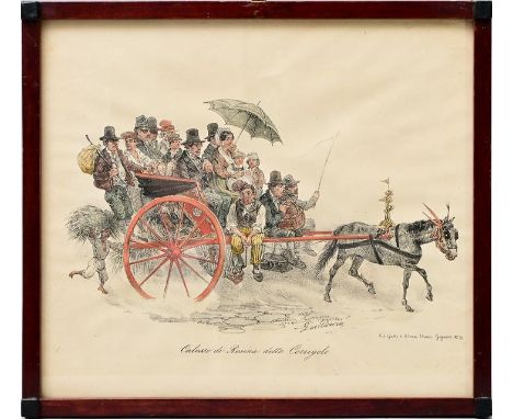 Dura, Gaetano. 1805-1878 Neapel"Calesso di Resina detto Corrigolo" (vollkommen mit Fahrgästen überladener Einspänner), Lithog