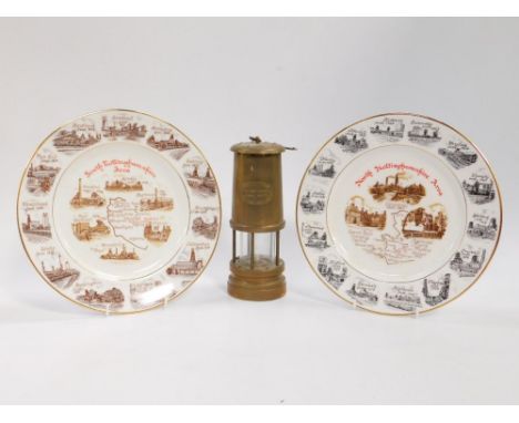 A Hockley & Limelight Company brass miners lamp, 21cm high, together with a pair of porcelain plates showing the coal mines o