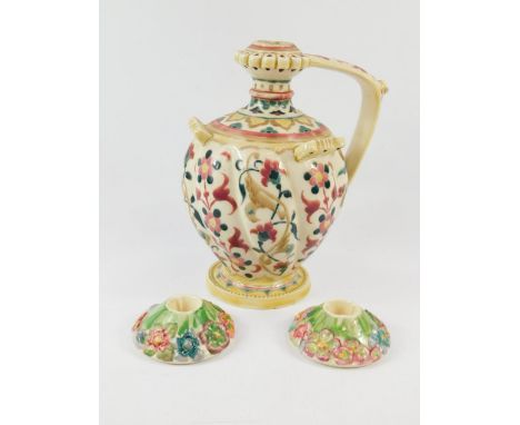 A pair of Clarice Cliff Bizarre pottery candle holders decorated in the My Garden pattern, together with a Zsolnay Pecs potte