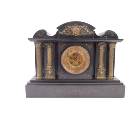 A French late 19thC slate cased mantel clock, of architectural form, circular brass dial with visible brocot escapement, chap