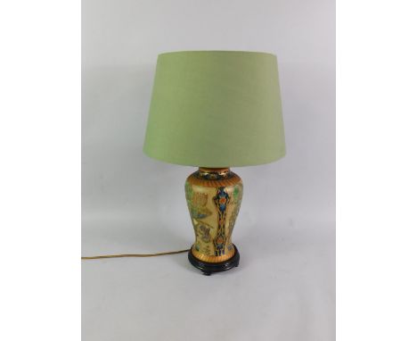 A Satsuma style pottery table lamp, of ballast form, decorated with panels of ducks and flowers, on a hardwood base, with a m