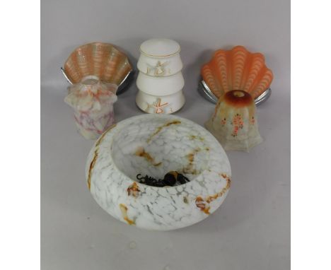 Two Art Deco chrome and pink frosted glass limpet shell wall lights, 1940's white mottled glass ceiling light, and three furt