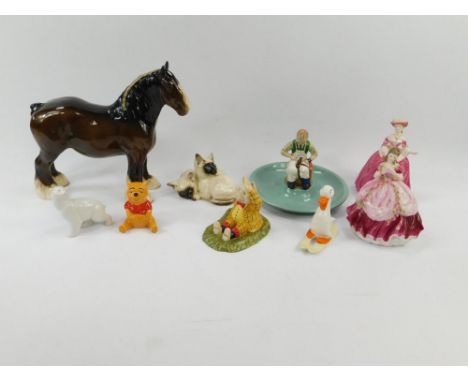 A Royal Doulton pottery figure of a Shire Horse, Beswick figural dish modelled as a Cobbler for Timpson Fine Shoes Centenary 