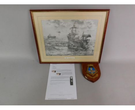 A ship's plaque for The RFA Sir Galahad, photostatic note verso from Captain Phillip Roberts DSO, together with a print of Th