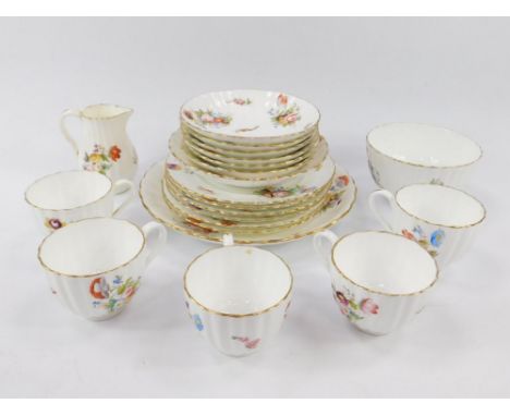 A Coalport porcelain part tea service, printed and painted with floral sprays, comprising cream jug, sugar bowl, bread plate,