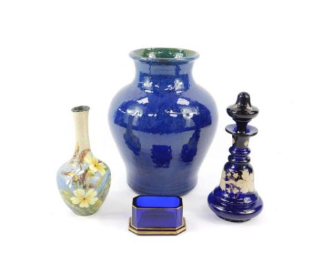 A Continental late 19thC blue glass scent bottle and stopper, enamel decorated with vine leaves, 18cm high, Bristol Blue glas